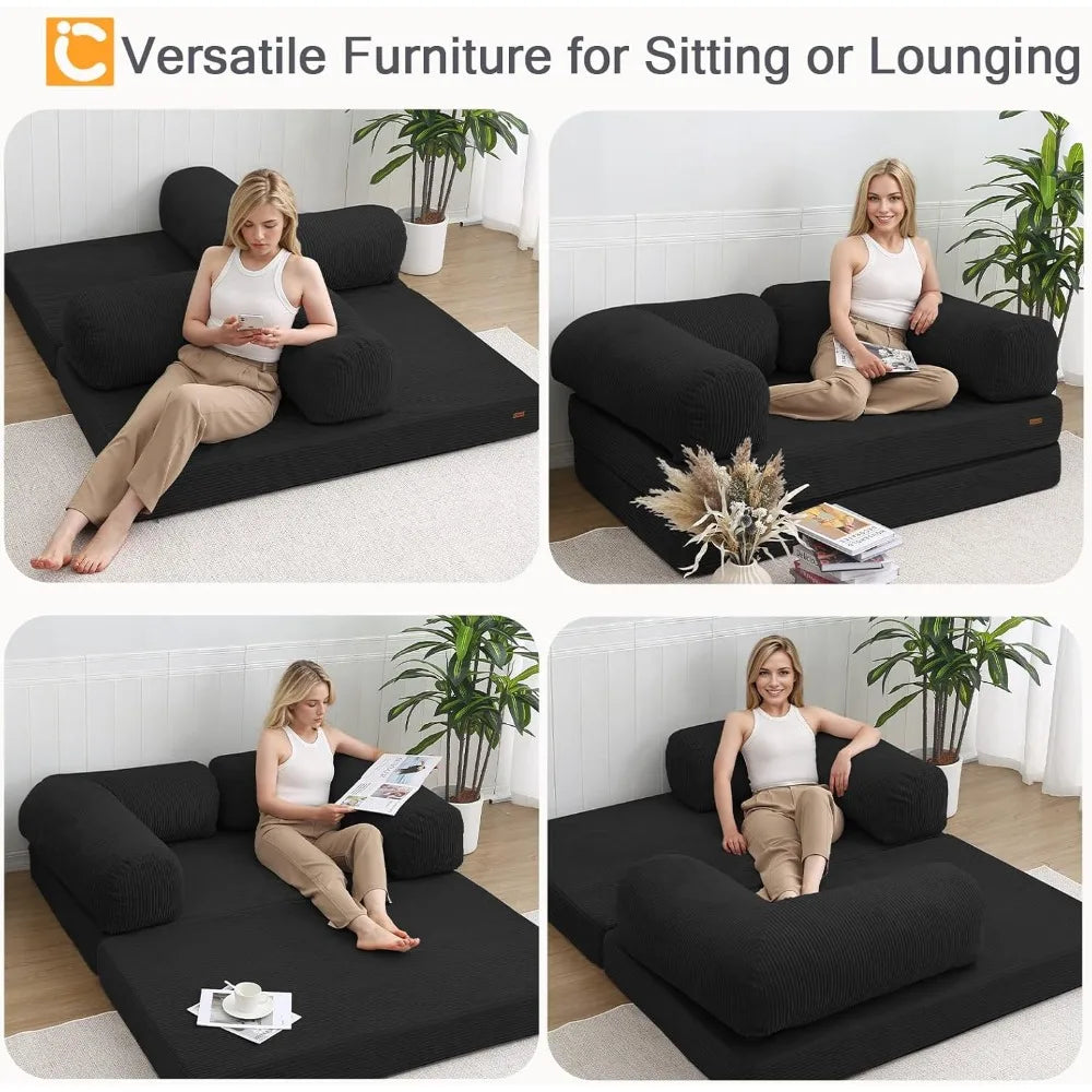 Folding Sofa Bed Queen, 4-in-1 Foldable Floor Couch Convertible Futon Sofa with Armrests Sleeper Mattress Chair/ Bed