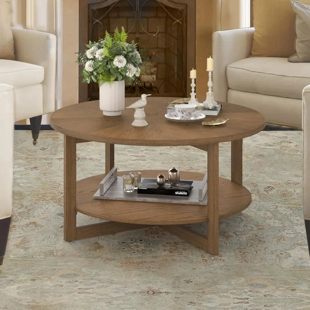 Rustic Modern 35" Circle Coffee Table with 2-Tier Storage Shelf, Dark Wood Living Room Furniture