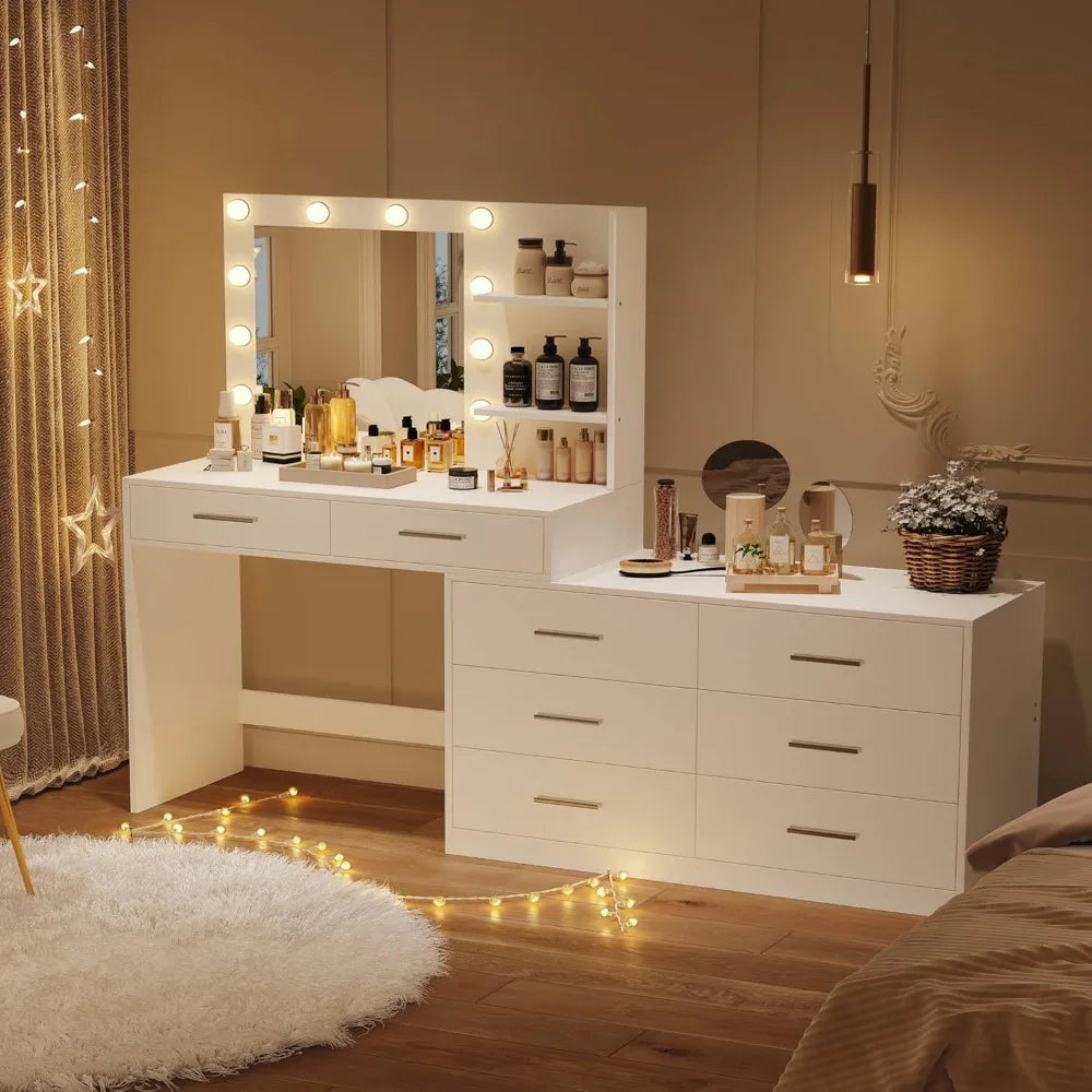 65-inch Vanity Desk with Luminated Mirror and 8-Drawer Storage Makeup Table