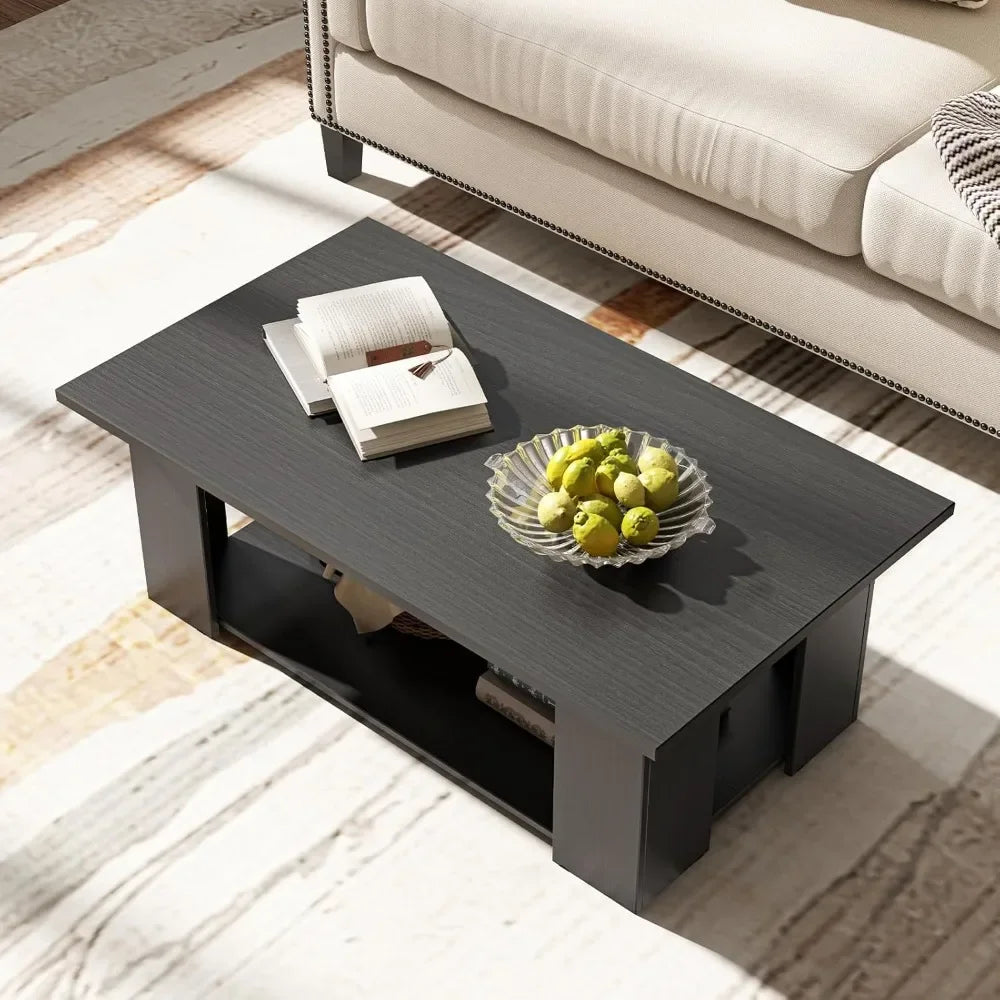2-Tier Coffee Table, Modern Rectangular Center Cocktail Table with 5 Support Legs, Wooden Accent Living Room Furniture