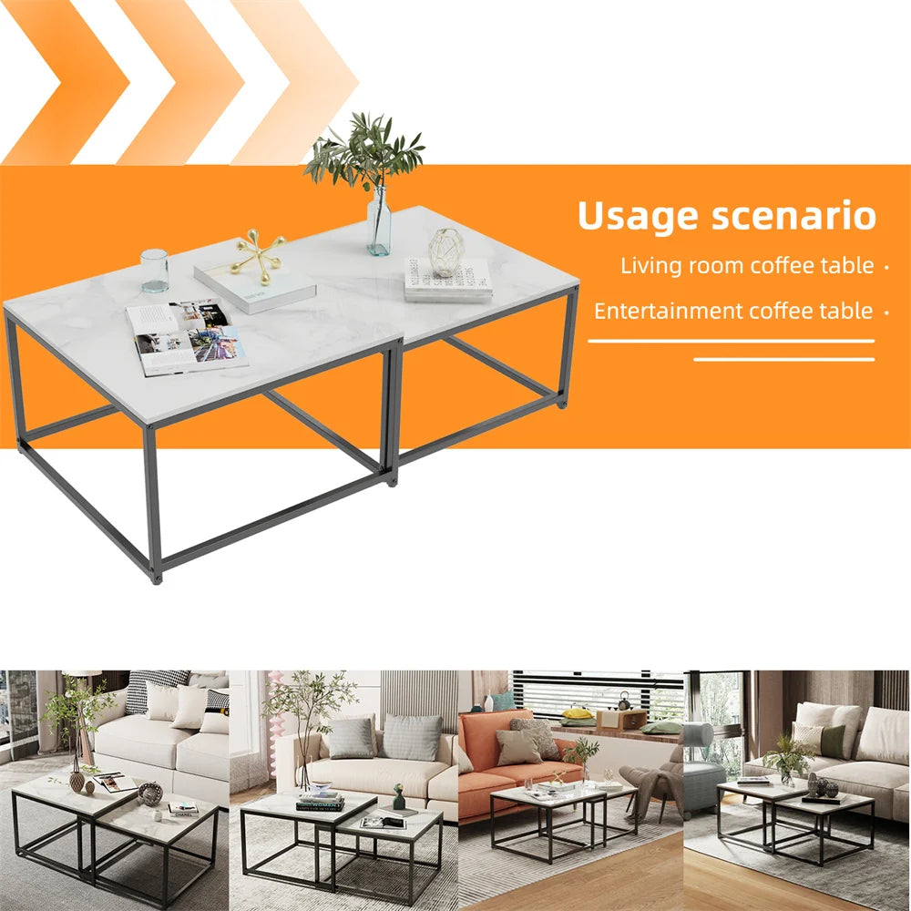 LUVODI Rectangle White Nesting Coffee Table Set Living Room Black Stack-able Accent Tables with Marble Tabletop