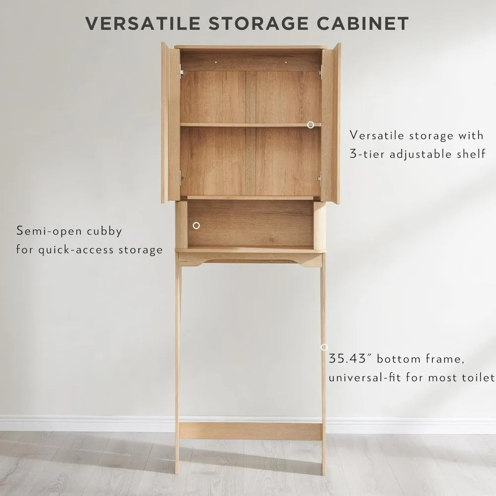 67 Tall Wooden Bathroom Storage Cabinet with Adjustable Shelves and Handle-Free Double Doors