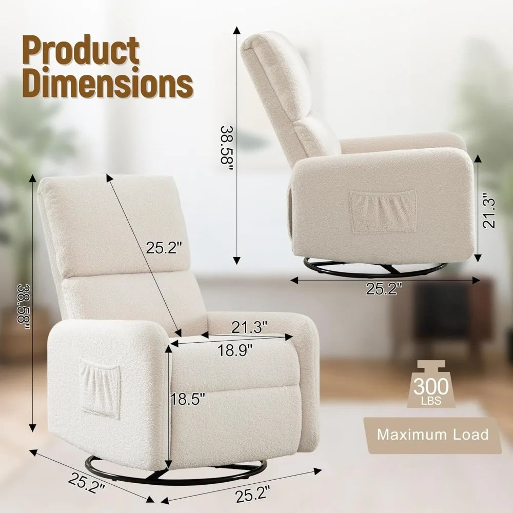 360° Swivel Glider Chair, Rocking Chair Nursery with Side Pockets, Deep Cushioned Seat, Nursery Chair with Steel Structure Base,