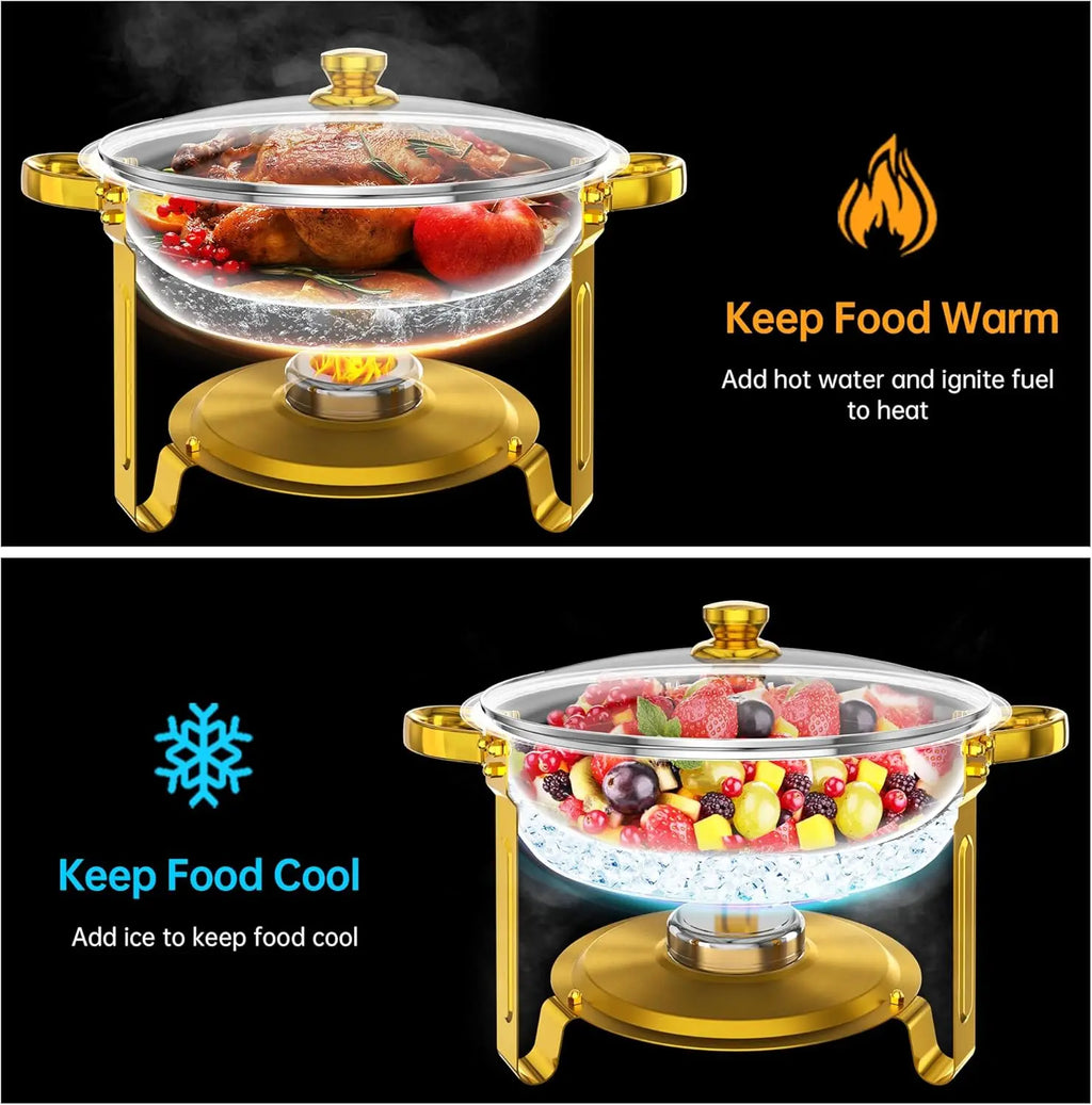 4-Pack Gold Round Chafing Dish Set, 5QT Buffet Warmers with Glass Lid for Parties, Weddings, Catering