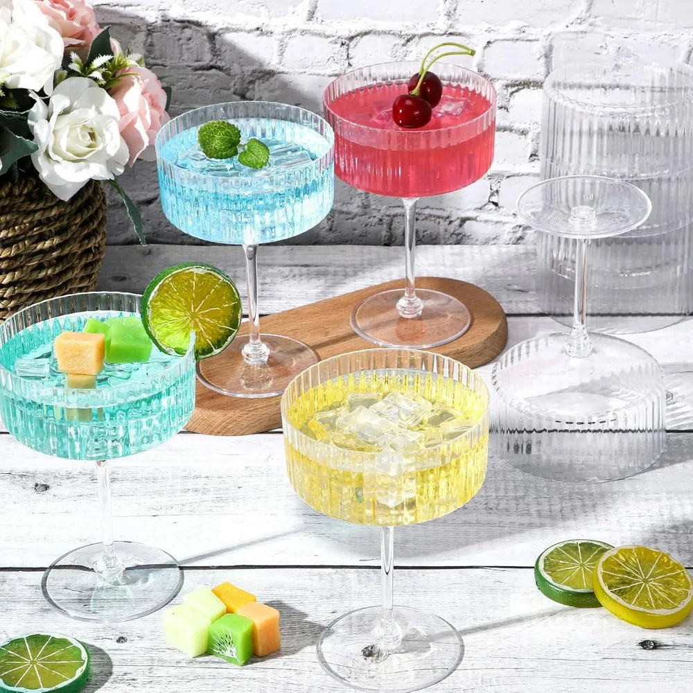 100 Pack Ribbed Martini Glasses - 10 oz Disposable Plastic Vintage-Style Ribbed Coupe Glasses for Cocktails and Desserts