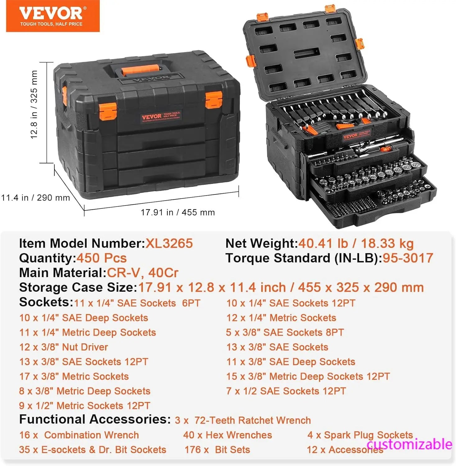 Mechanics Tool Set and Socket Set, 1/4" 3/8" 1/2" Drive Deep and Standard Sockets, 450 Pcs SAE and Metric Mechanic Top