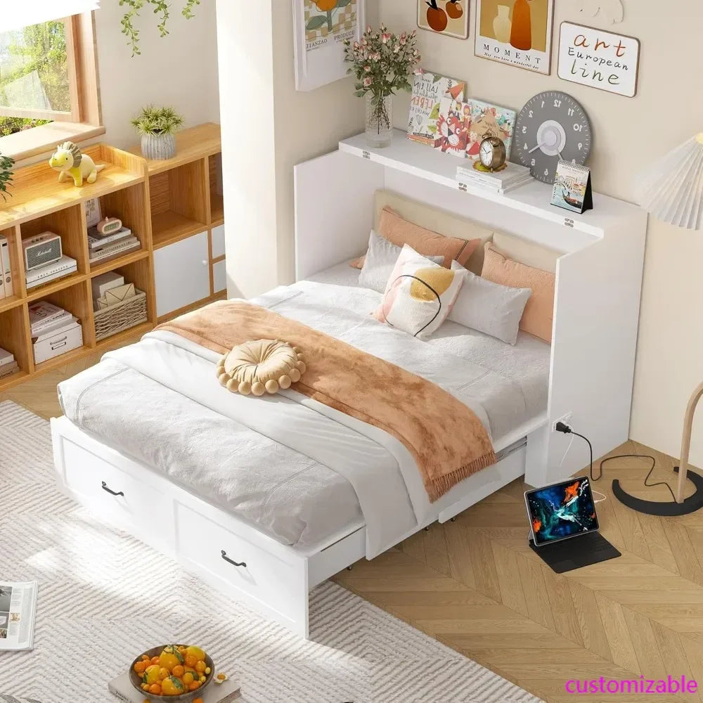 Multi-Functional Murphy Cabinet Bed, Queen Size Bed Frame, Murphy Bed Chest with Built-in Power Strip & Drawers