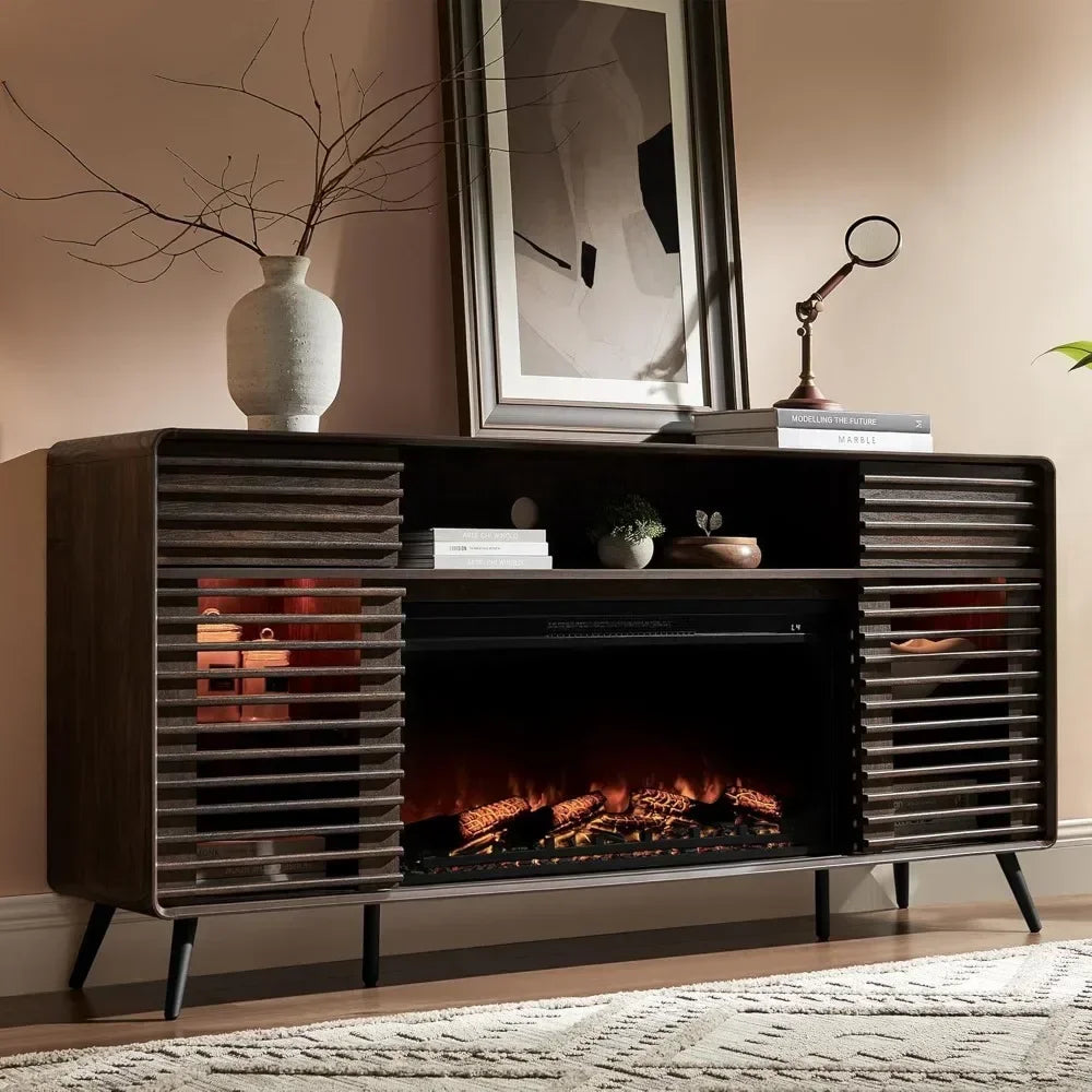 Fireplace TV Stand for 80" TV, Mid Century Modern Entertainment Center with 36" Electric Fireplace & Led Lights, Wood Media