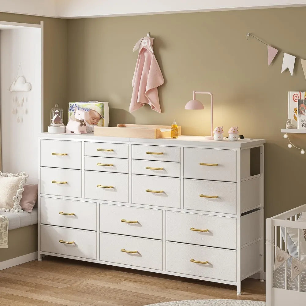 Dresser TV Stand with Power Outlets for 60" TV Stand for Bedroom White Dresser for Bedroom with 16 Drawers, Entertainment Center
