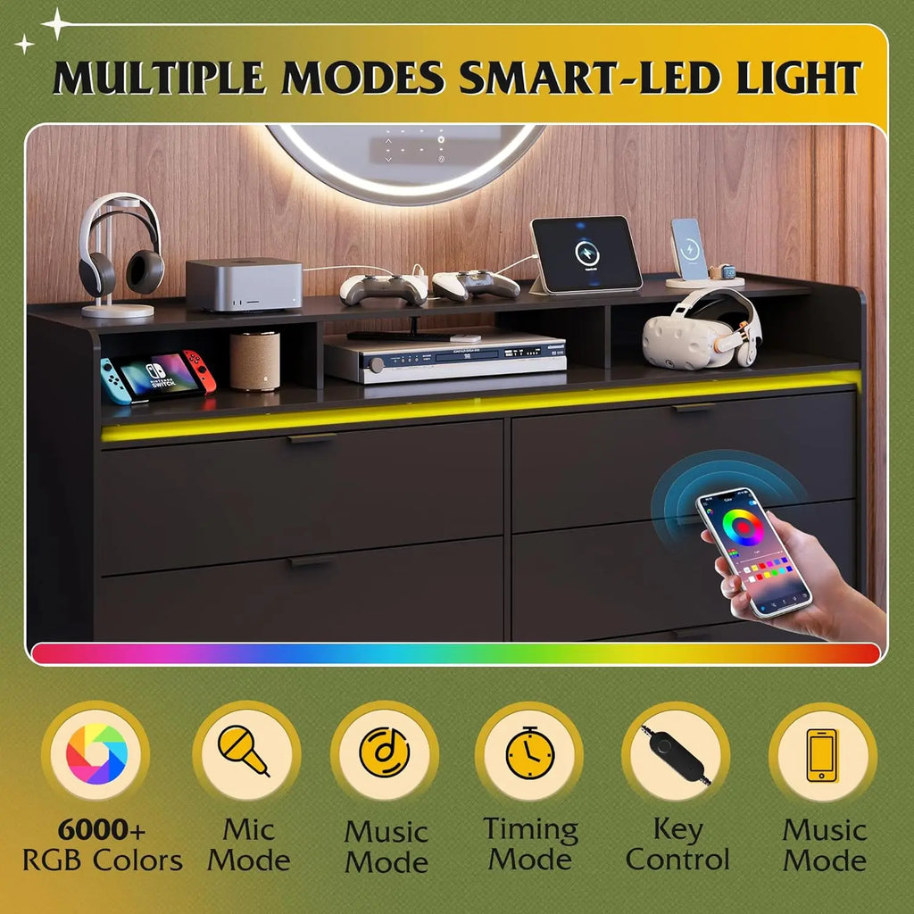 9 Drawer Led Dresser for Living/ Bedroom, Black Wood with Power Outlets for 65'' TV,