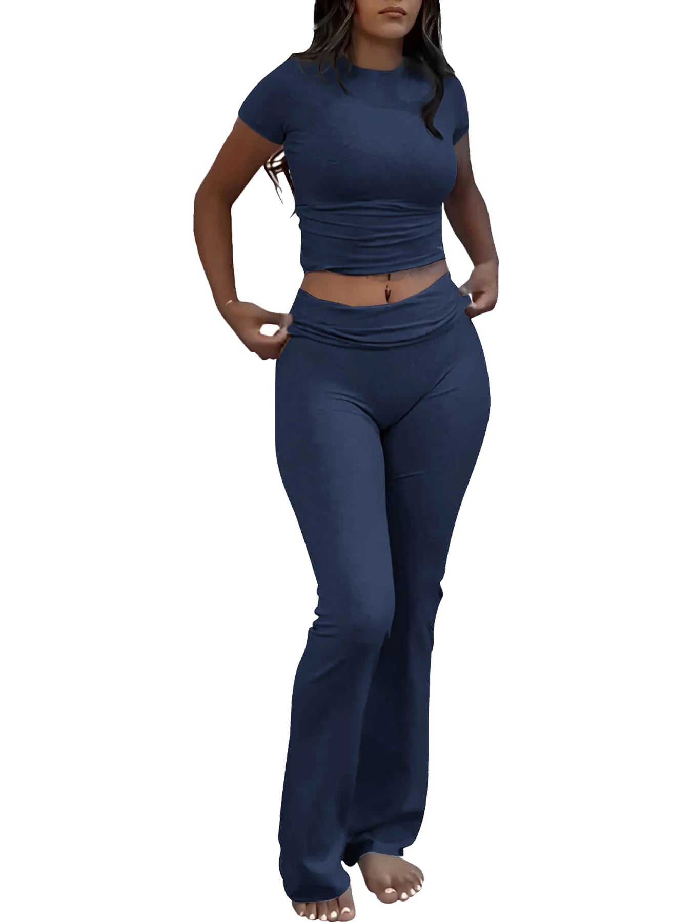 Women's Two-Piece Sports Leisure Yoga Set, Short-Sleeved/ Cuffed Flared Trousers, Sports Set
