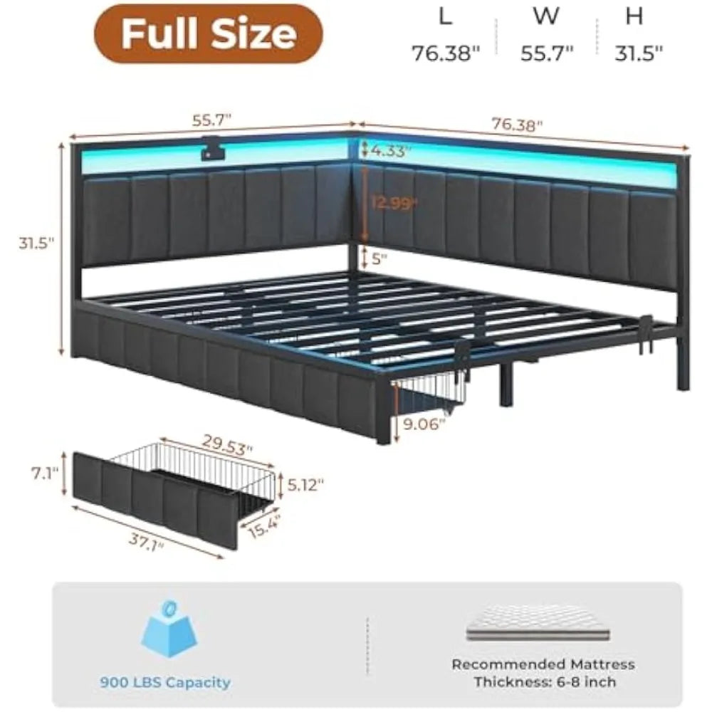 Full Size Platform Bed with Storage Drawers, Charging Station, LED Lights, and Upholstered Corner Frame