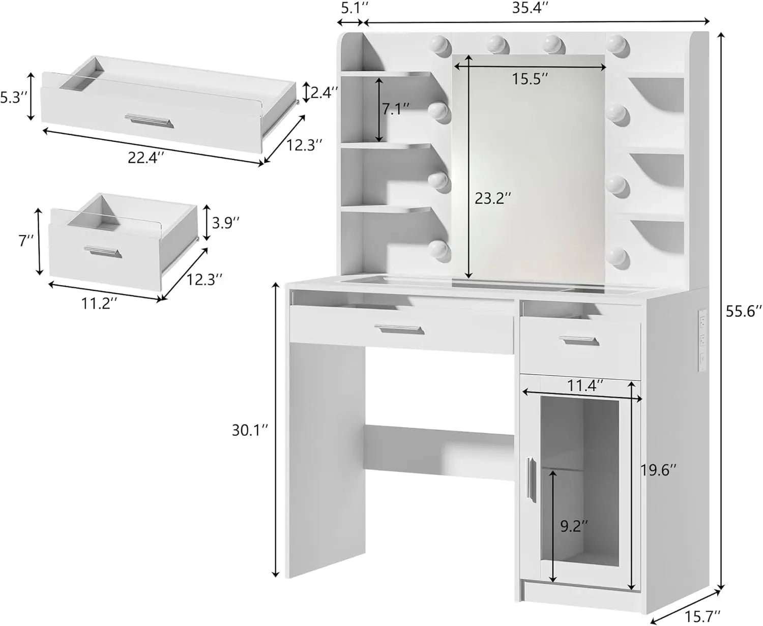 Vanity Desk with Mirror and Lights, Makeup Vanity Desk with Lights 3 Colors, Transparent Top Vanity with 2 RGB Drawers, 6 Shelve