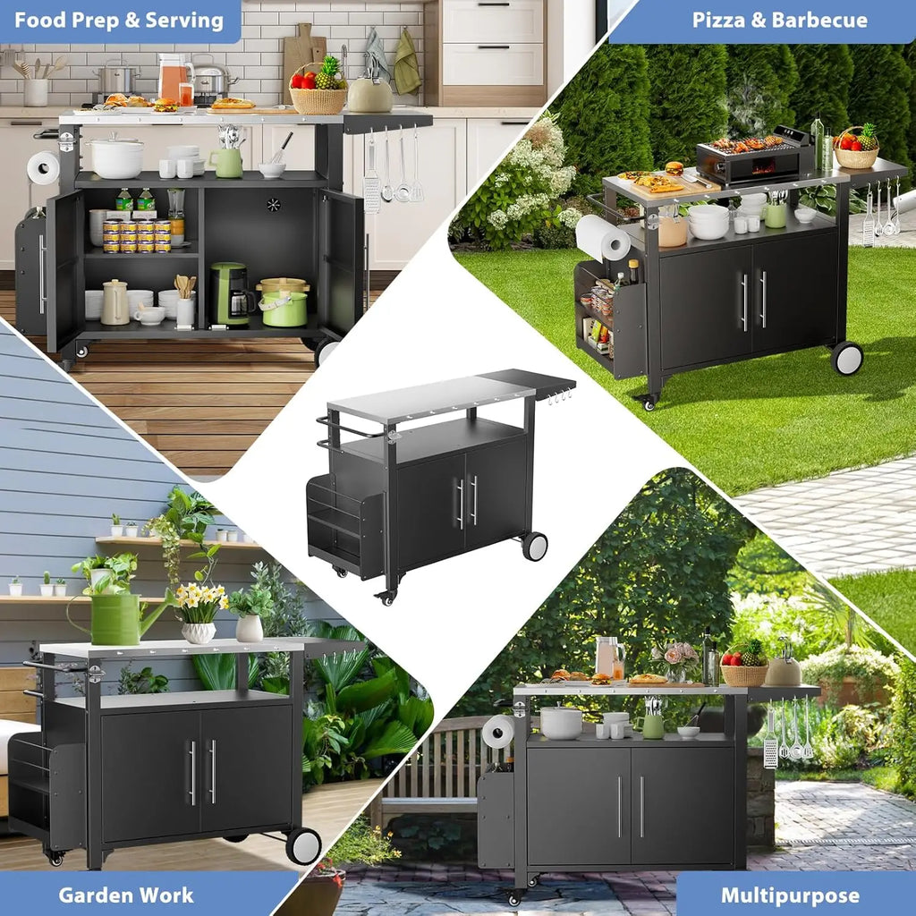 Outdoor Grill Cart with Storage ,Patio Kitchen Island with Wheels, Hooks, and Spice Rack, Waterproof Outdoor Grill Table
