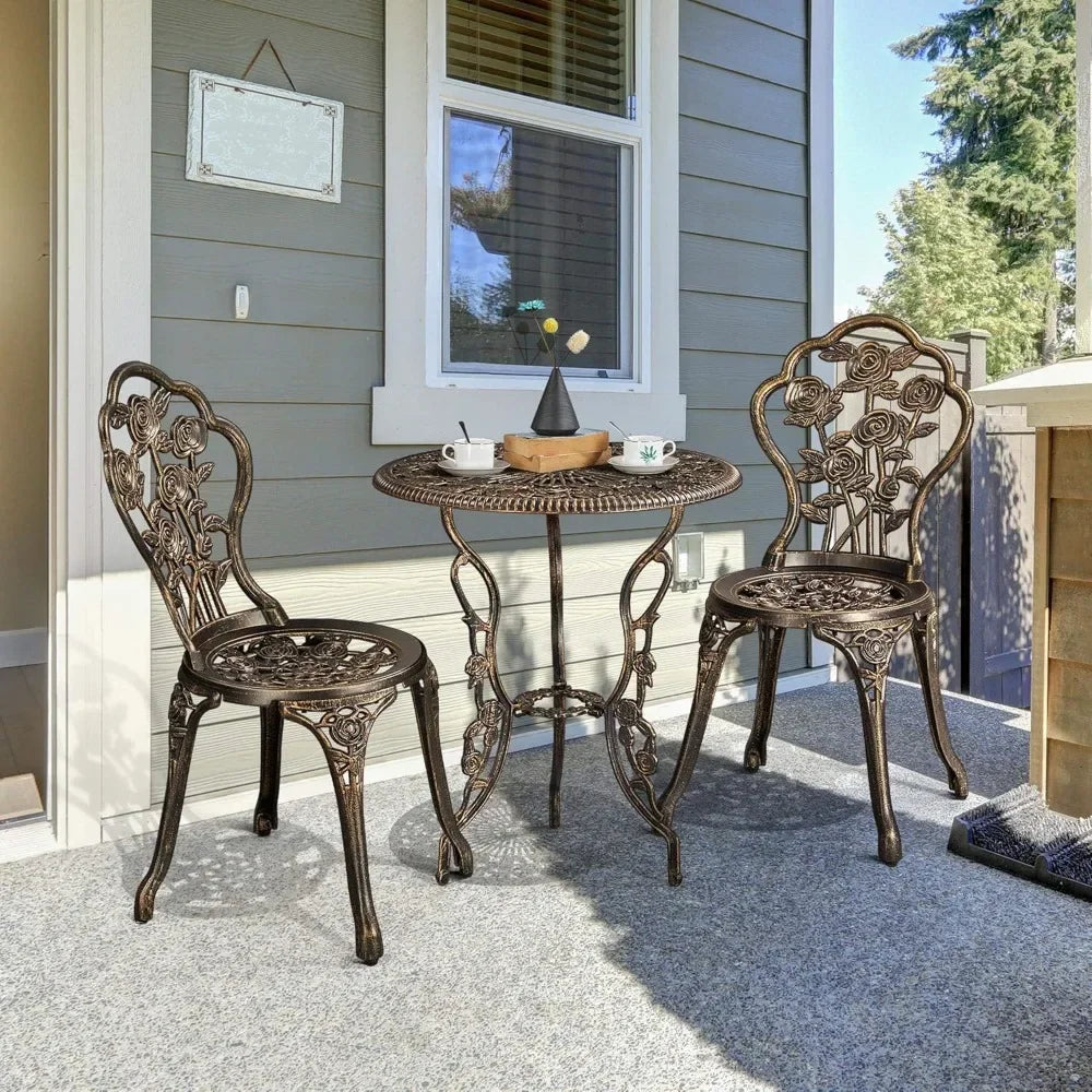 3-Piece Outdoor Bistro Set w/Rose Design, Rust-Resistant Cast Aluminum Table and Chairs w/Umbrella Hole for Balcony, Backyard, Garden