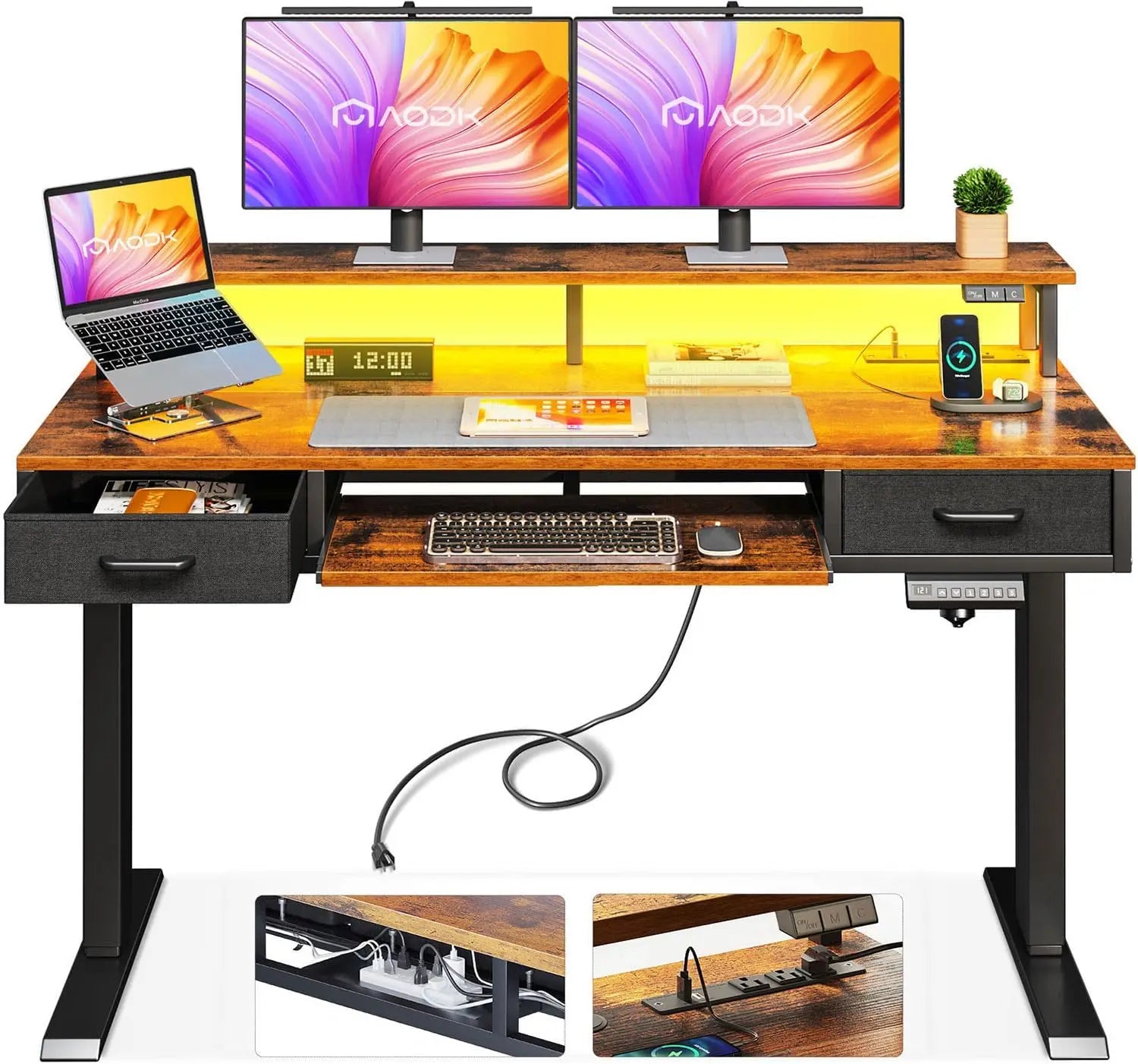 Electric Standing Desk with Drawers & Keyboard Tray, 47 Inch Height Adjustable Small Gaming Desk with Power Outlets & LED Light