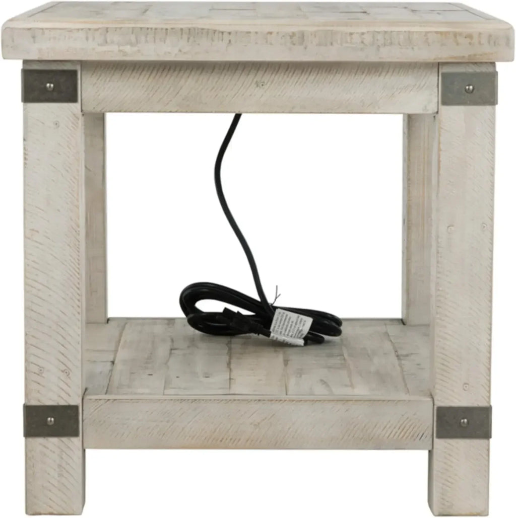 Rectangular End Table with Lower Shelf, 2 Electrical Outlets and 2 USB Ports, Whitewash
