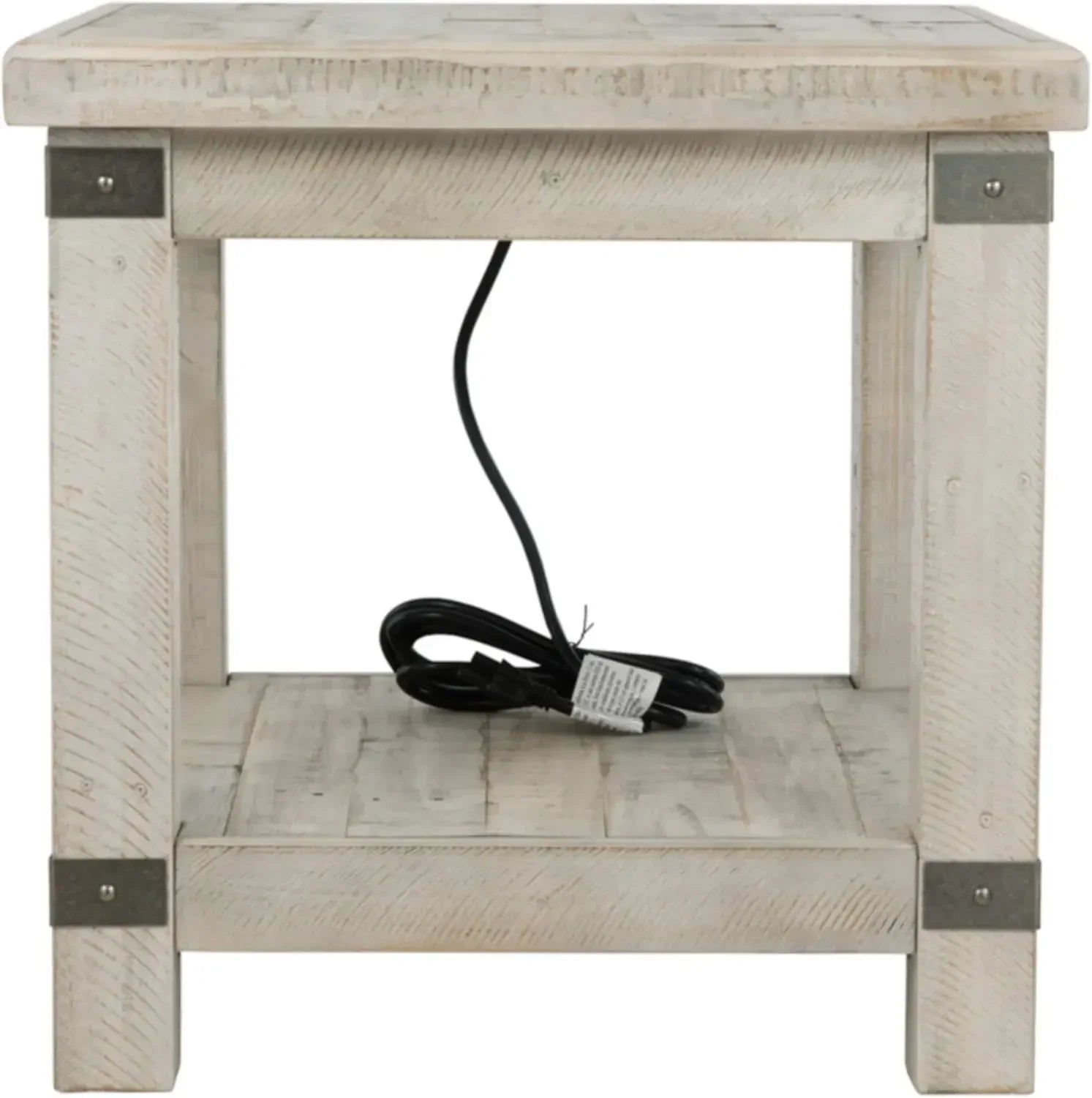 Rectangular End Table with Lower Shelf, 2 Electrical Outlets and 2 USB Ports, Whitewash