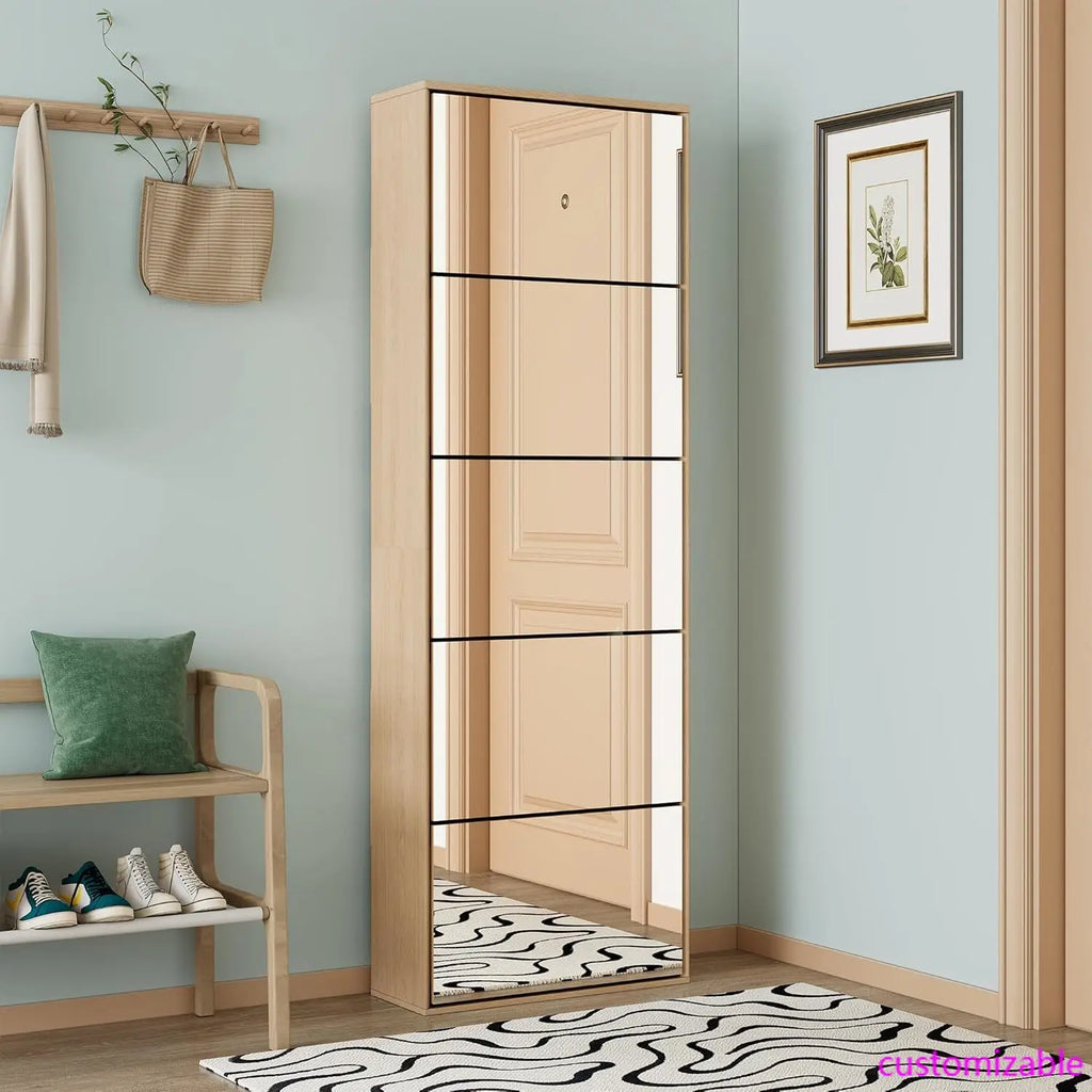 Mirror Shoe Cabinet with 5 Flip Drawers, Shoe Rack Storage Organizer, Entryway Shoe Cabinet for Front Door, Foyer, Hallway