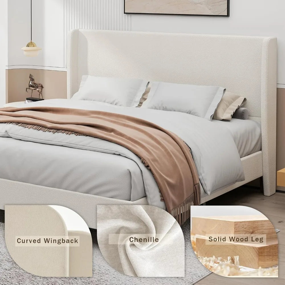 King Size Platform Bed Frame,Upholstered Bed Frame with Wing Side Headboard