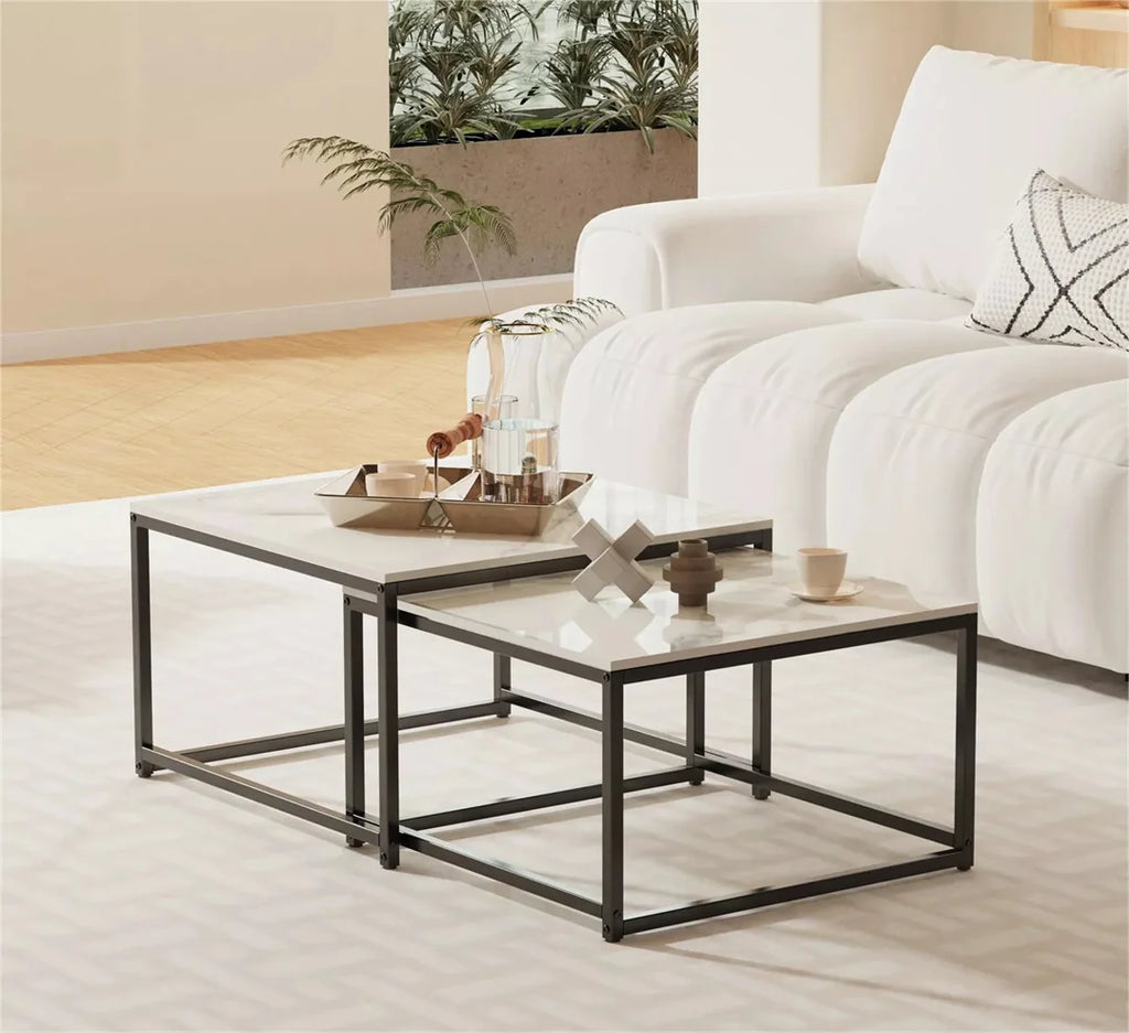 LUVODI Rectangle White Nesting Coffee Table Set Living Room Black Stack-able Accent Tables with Marble Tabletop