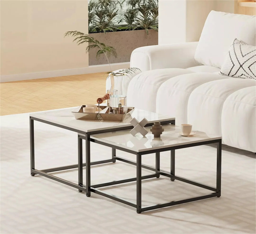LUVODI Rectangle White Nesting Coffee Table Set Living Room Black Stack-able Accent Tables with Marble Tabletop