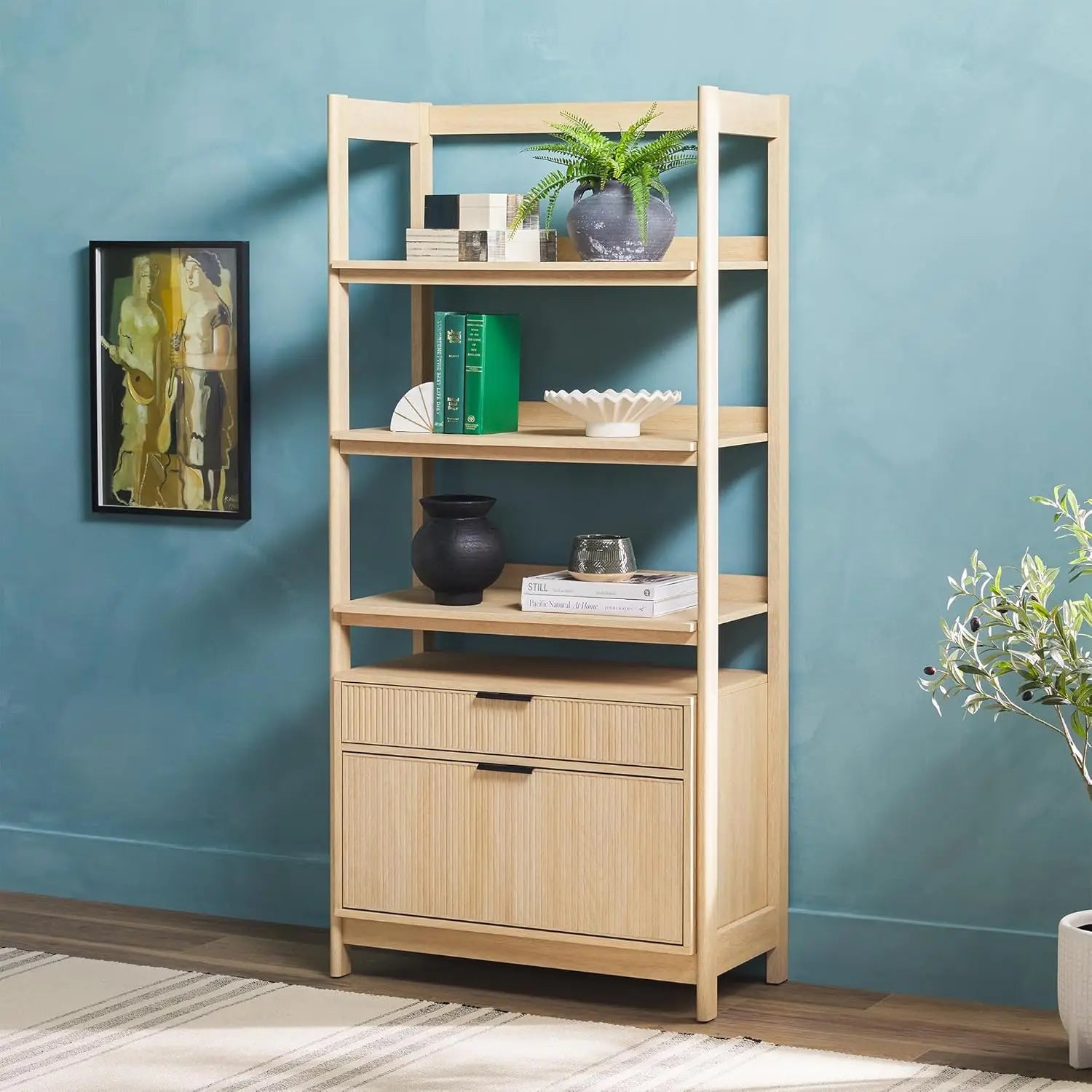 Transitional Open Reeded 4-Shelf Bookshelf with Drawers Versatile Bookcase with Bottom Storage for Home Office