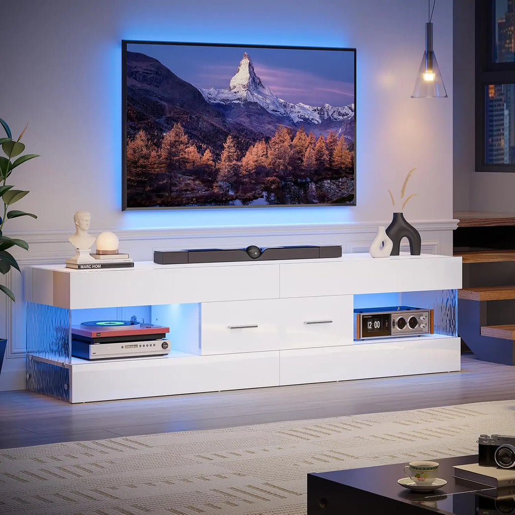 TV Stand for 55/60/65" TV, High Gloss Modern TV Stand with Stone-Patterned Side Panels, LED Entertainment Center