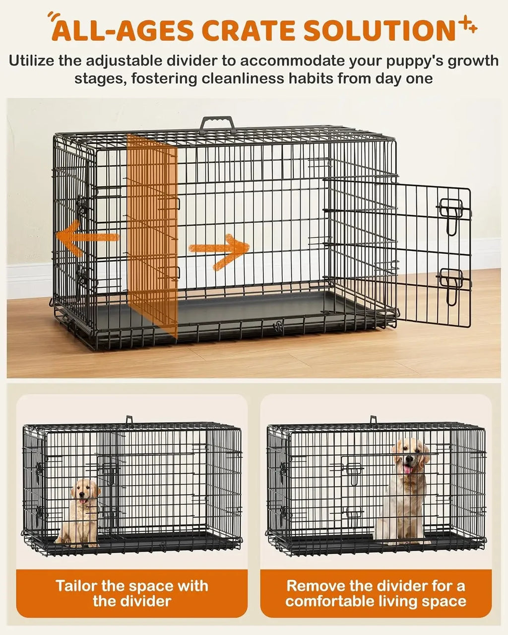 42 inch Dog Crate Double Door w/Divider for Puppy to Adult XL, Collapsible Metal Dog Crate with Removable Tray Wire