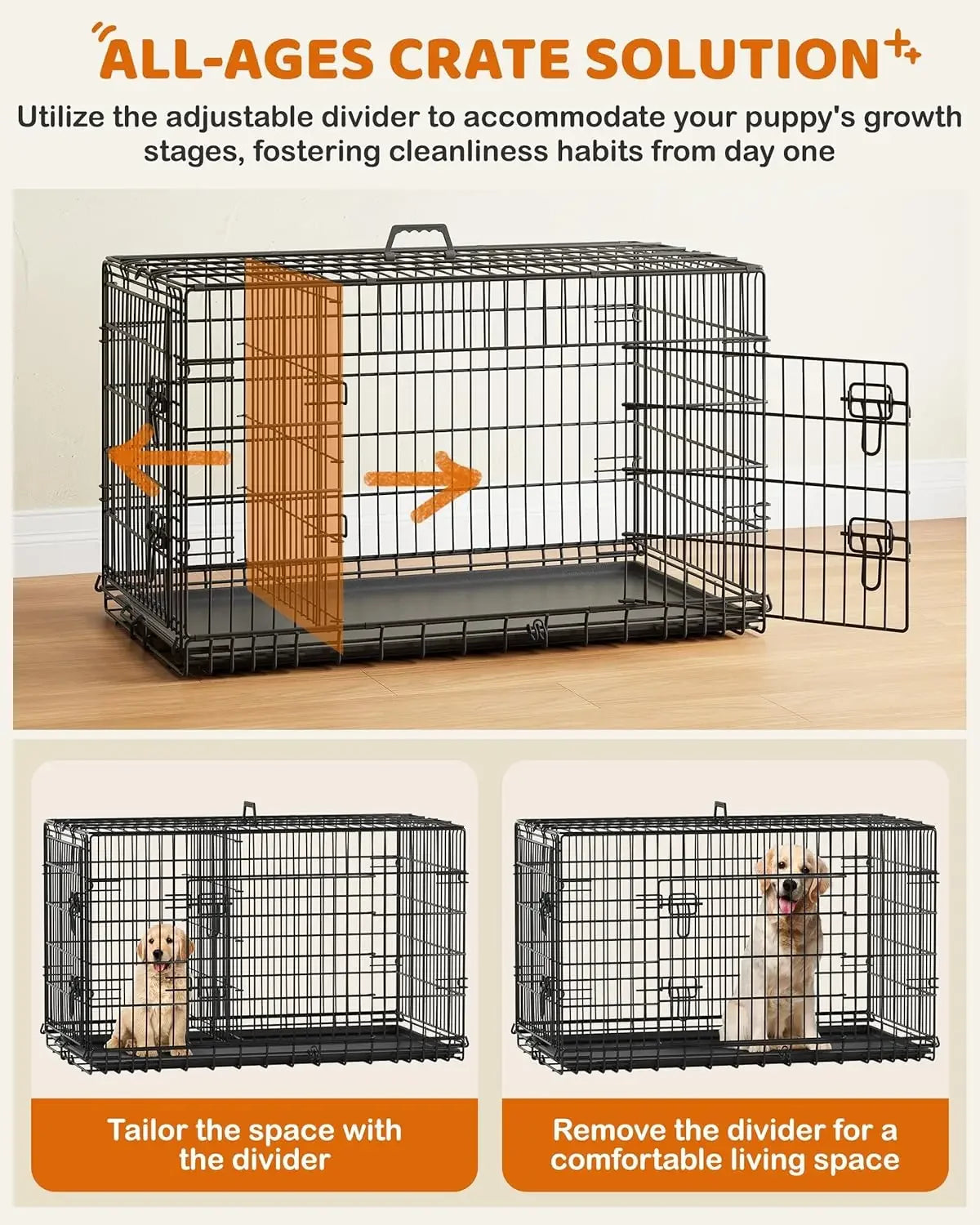 42 inch Dog Crate Double Door w/Divider for Puppy to Adult XL, Collapsible Metal Dog Crate with Removable Tray Wire
