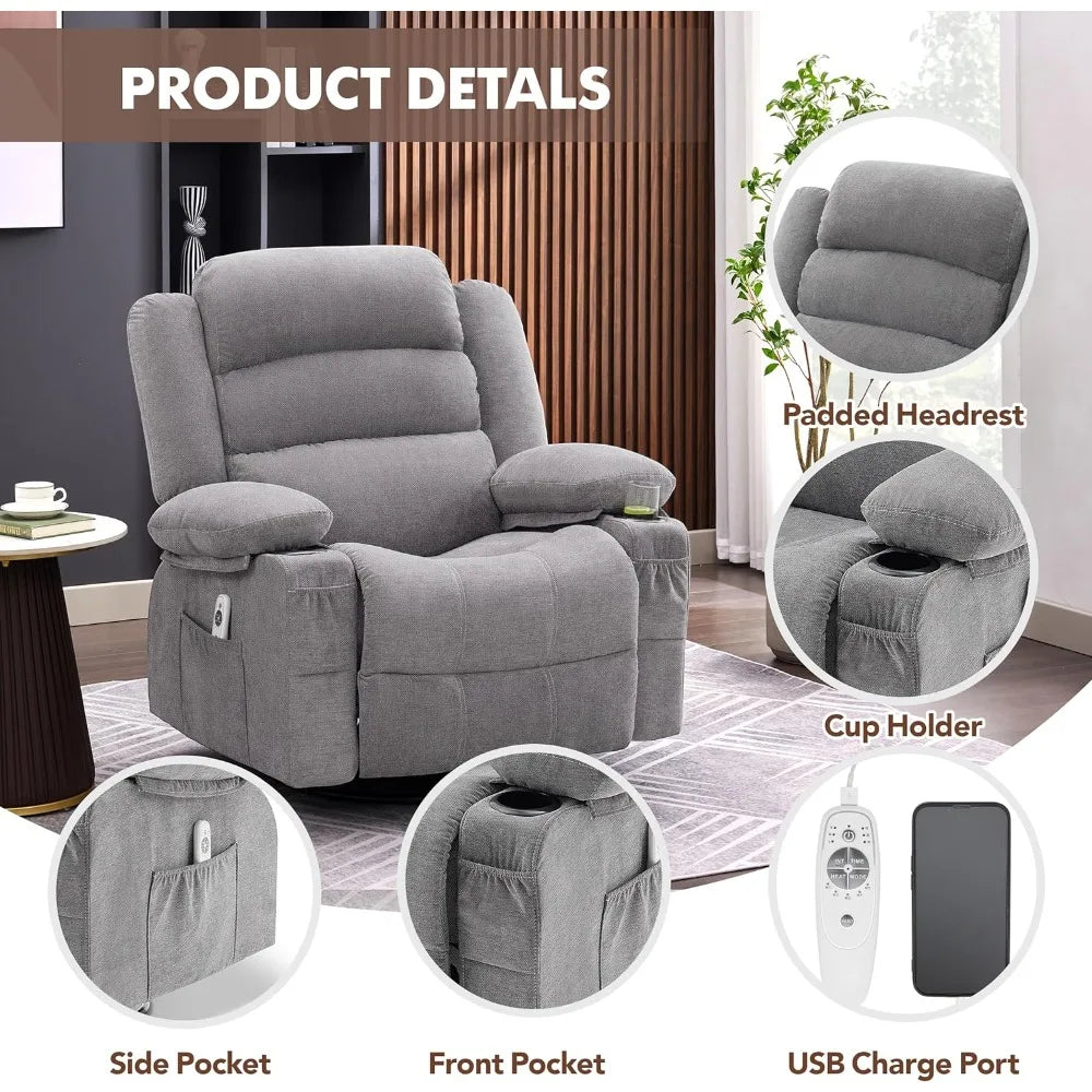 Adult-Sized 360° Swivel Rocker Recliner with Heat and Massage Features, Oversized Comfort Sofa Chair