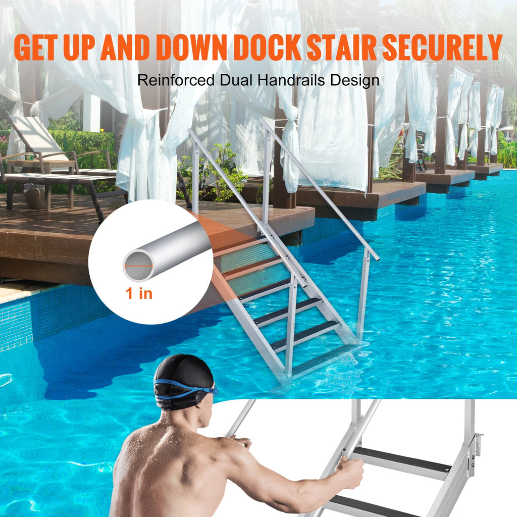 4/6 Step Dual Handrails Dock Ladder Aluminum with Rubber Mat 30"-39"/ Adjustable Height for Lake, Marine Boarding ,Pool