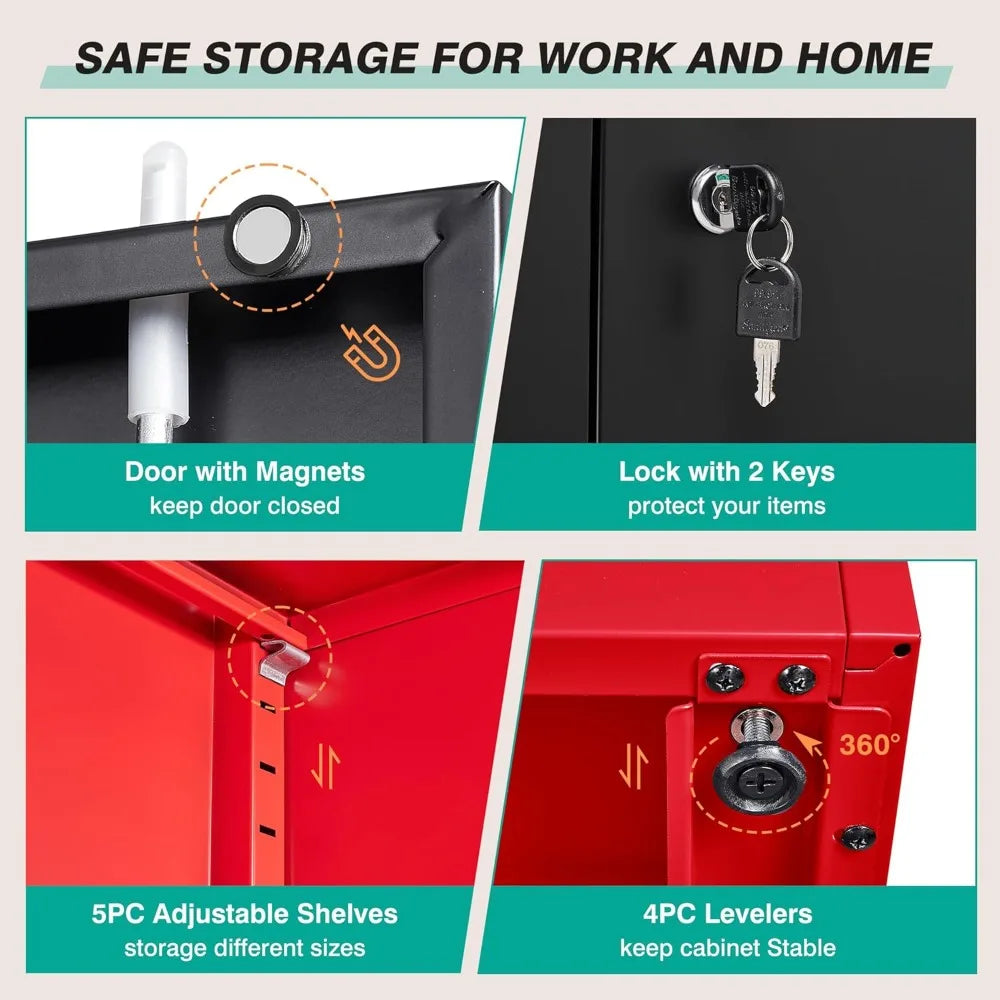 Garage Storage Cabinet with 5 Adjustable Shelves, Metal Storage Cabinet with Lock,Red Black Metal Cabinet with Locking Doors, Steel