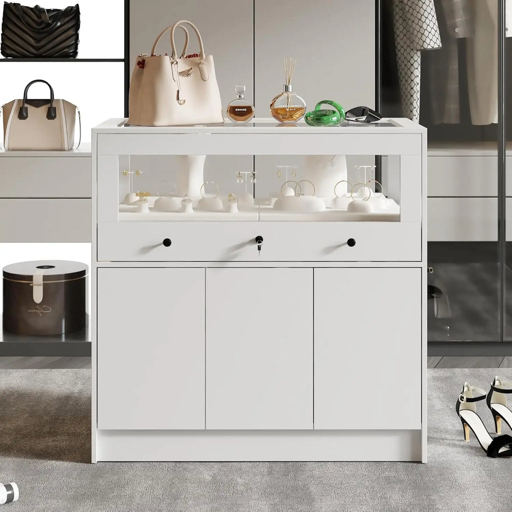 Lockable Glass Display Cabinet Closet Island ,Collectibles Showcase with 3 Doors, Walk in Display Island , Cloakroom, White