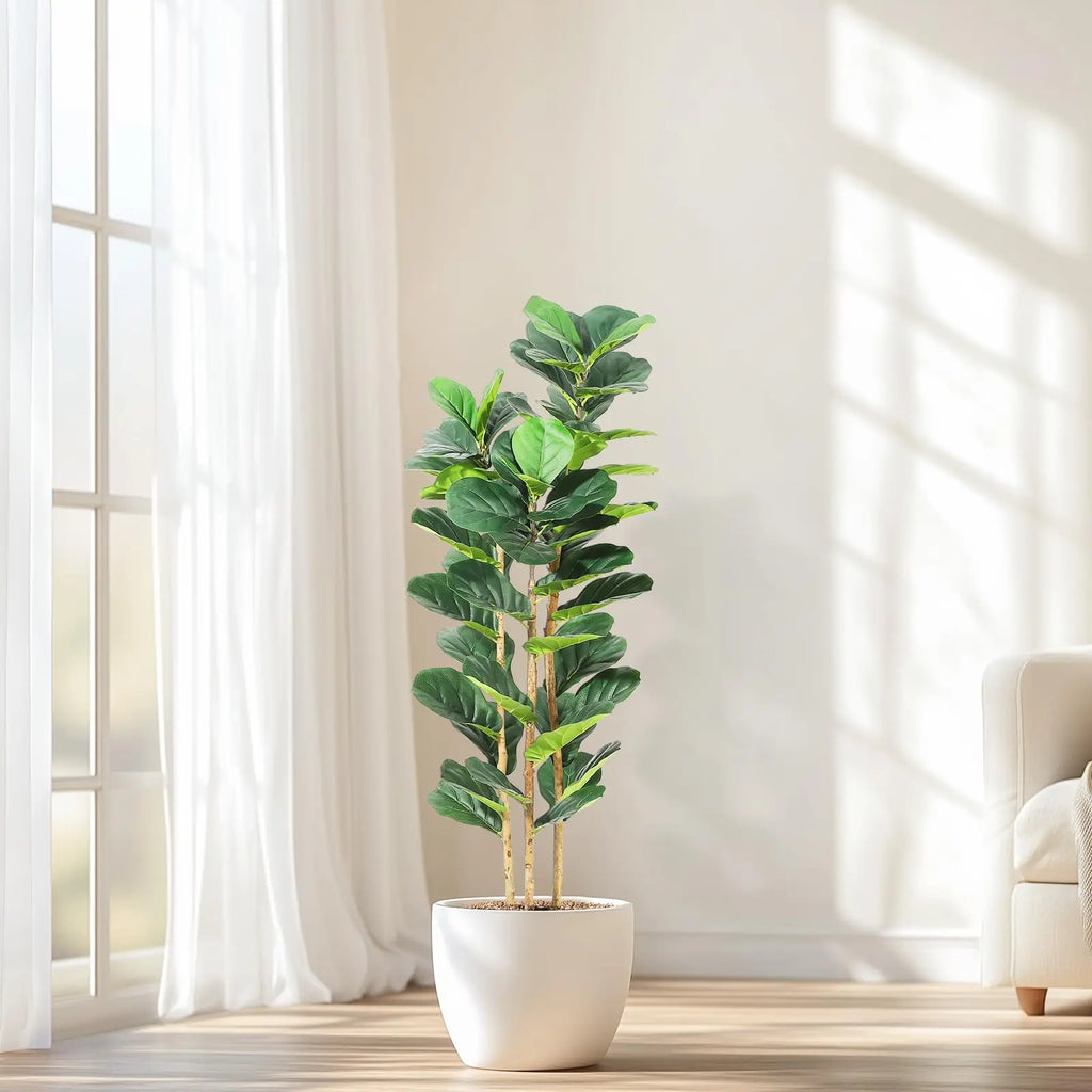 Artificial Fiddle Leaf Fig Tree with White Planter, 5/6/7 ft Tall Fake Plant with Natural Wood Trunk, Faux Ficus Tree Potted Moss for Home /Office/ Living Room Decor