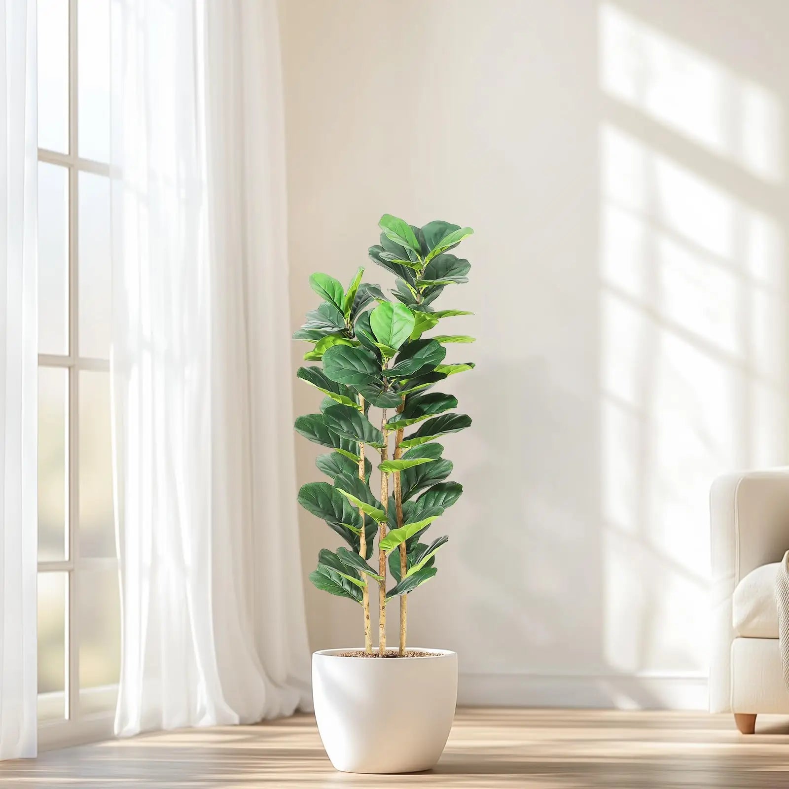 Artificial Fiddle Leaf Fig Tree with White Planter, 5/6/7 ft Tall Fake Plant with Natural Wood Trunk, Faux Ficus Tree Potted Moss for Home /Office/ Living Room Decor