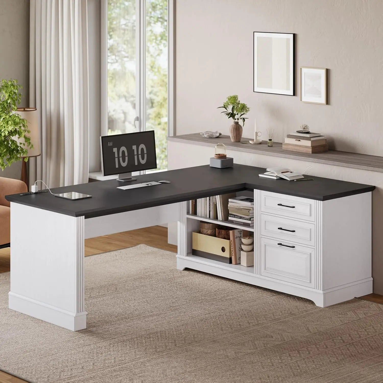 Farmhouse 61" Executive L Shaped Desk, Home Office Desk with File Drawers, Computer Desk with Power Outlets and Storage Shelves
