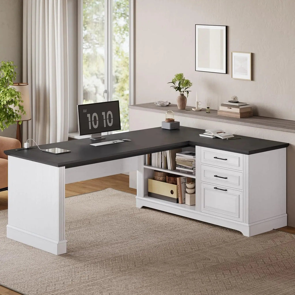 Farmhouse 61" Executive L Shaped Desk, Home Office Desk with File Drawers, Computer Desk with Power Outlets and Storage Shelves