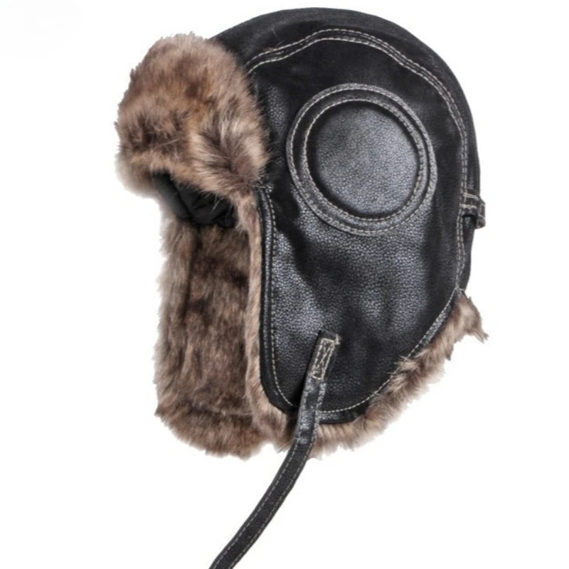 Unisex Aviator Hat Faux Leather Pilot Cap Winter Trapper Hunting Hat/ Windproof Russian Ushanka Thermal Thick Padded Winter Hat