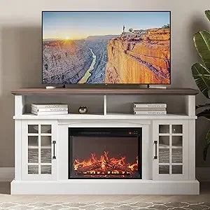 Traditional 58" Rustic TV Stand with 23" Electric Fireplace Heater with Sound, Media Entertainment Center Console Table for TV