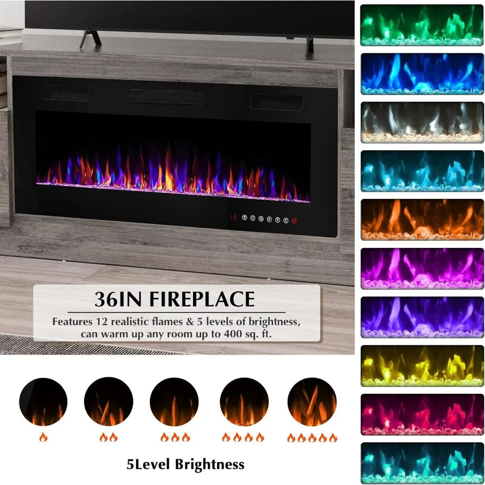 Popular-Fireplace TV Stand With 36" Fireplace Up To 80" TVs ,LED Light Entertainment Center And Storage