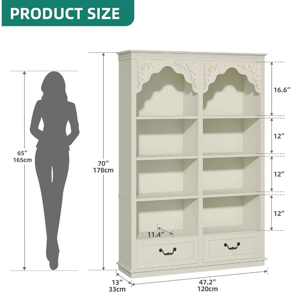 Vintage 70" High 8-Tier Bookshelf with Arched Shelves, Drawers, Roman Columns, and Classic Carved Style