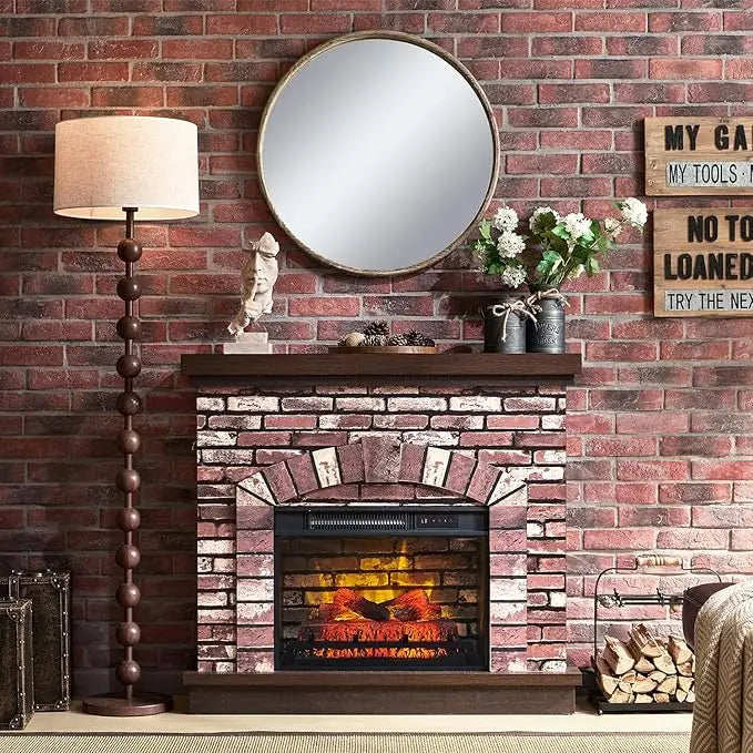 42" Electric Fireplace with Mantel, Farmhouse Fireplace TV Stand w/23'' Freestanding Electric Fireplace Heater, Remote Control,