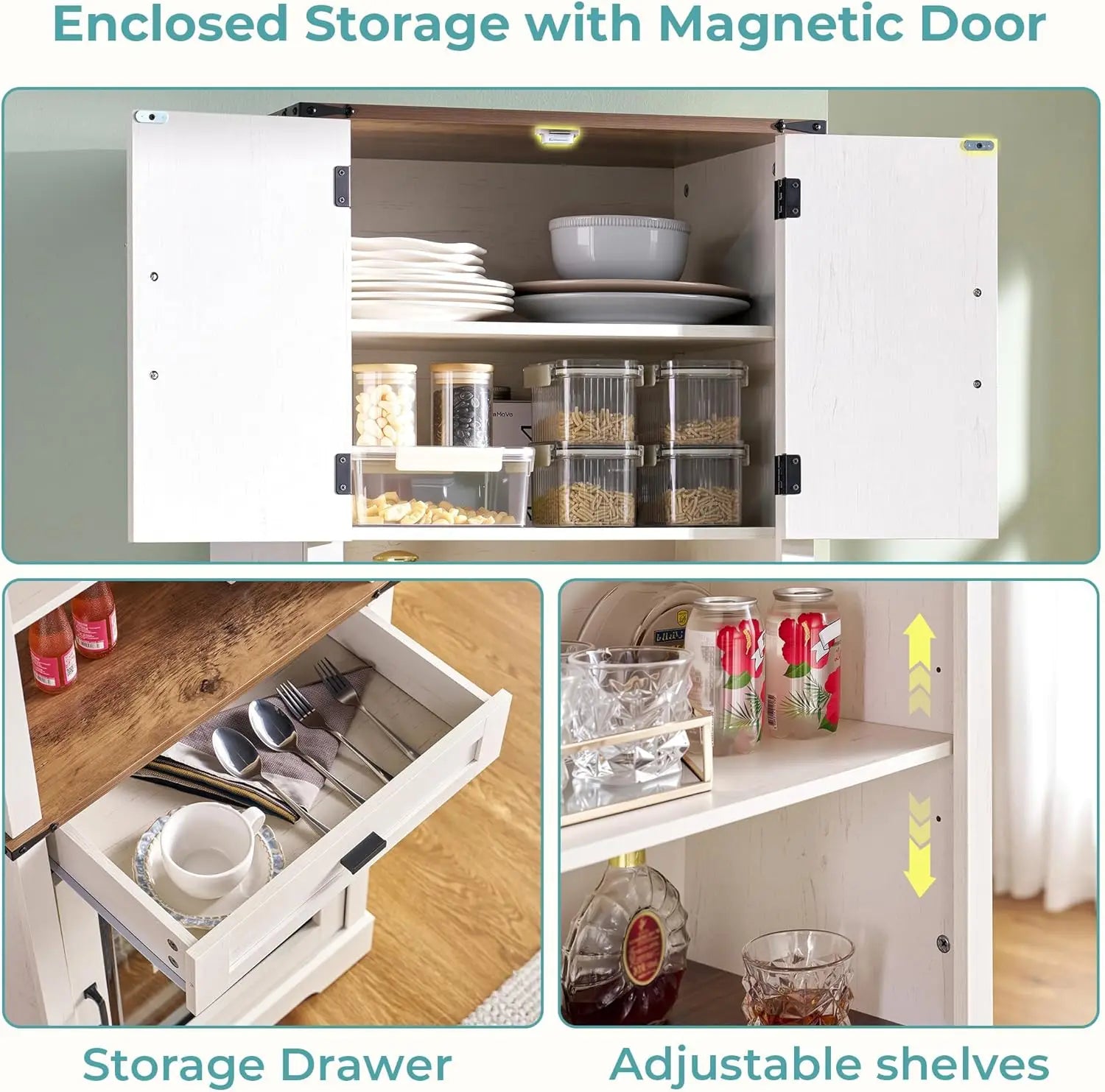 Bar Cabinet with Fridge (Included), 69" Farmhouse Wine Cabinet with Storage Drawers & Adjustable Shelves