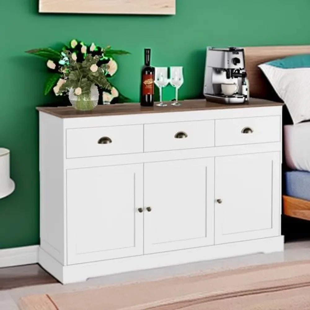 White Buffet Farmhouse Cabinet Storage Sideboard, Bar Wine Cabinet with 3 Drawers & 3 Doors Adjustable Shelves