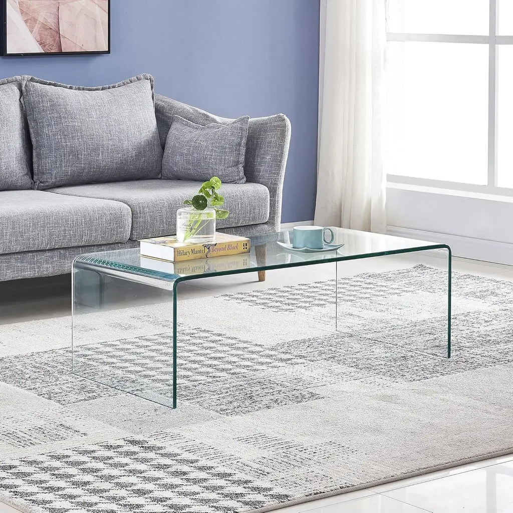 Glass Coffee Table for Living Room, Modern Tempered Decor, Easy to Clean and Safe Rounded Edges Clear Coffee Tables