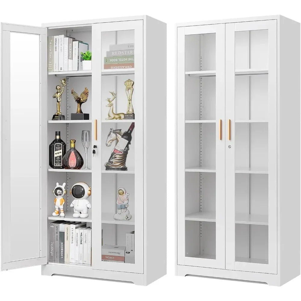 One 71" Display/Curio Cabinet with Glass Doors, with Lock, Metal Glass Display Case for Collectibles