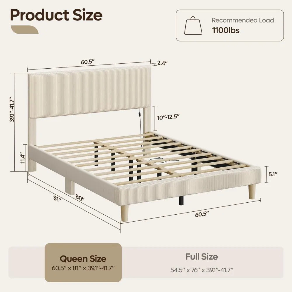 Queen Bed Frame with Adjustable Headboard, LED Lighting