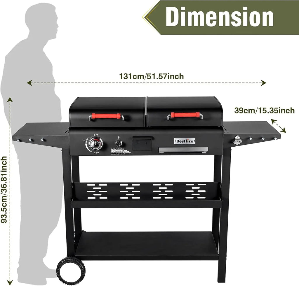 Dual Fuel Propane Gas Charcoal Grill Combo Black Dual Lids, Flat Top Grill With 2 Side Shelves for BBQ, Outdoor and Backyard