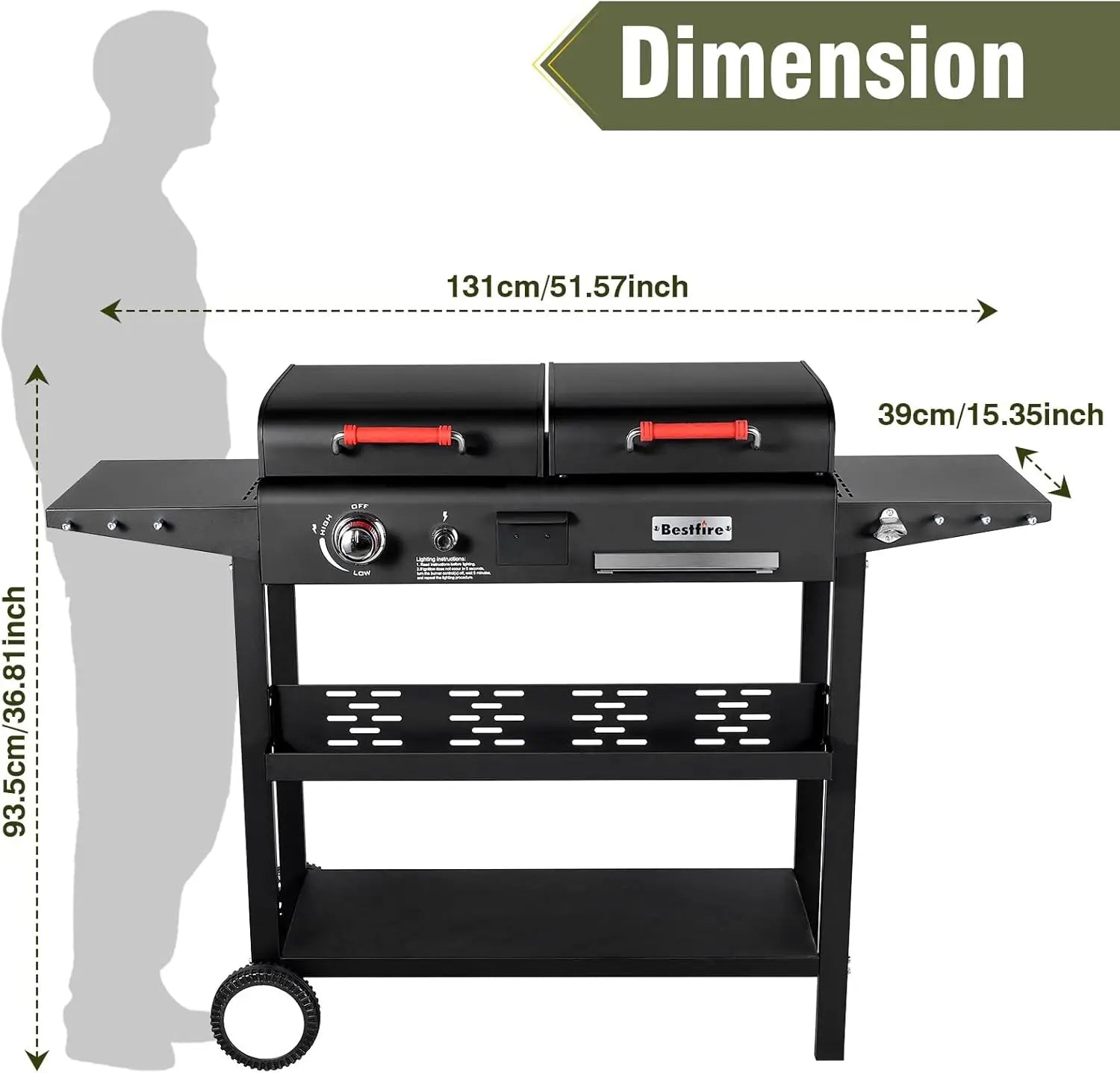 Dual Fuel Propane Gas Charcoal Grill Combo Black Dual Lids, Flat Top Grill With 2 Side Shelves for BBQ, Outdoor and Backyard